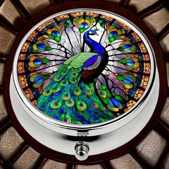 Peacock Pill Box Medicine Mini Stainless Steel Case Mirror Travel Purse Peafowl - Picture 1 of 7